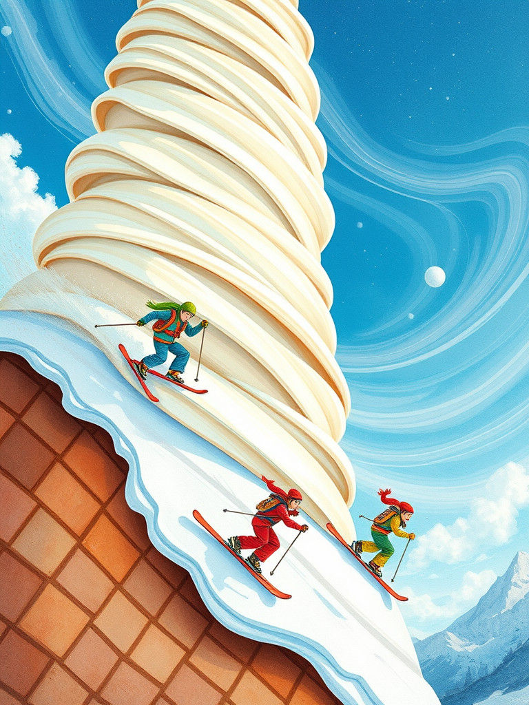 Skiers on Ice Cream Mountain, Whimsical Illustration