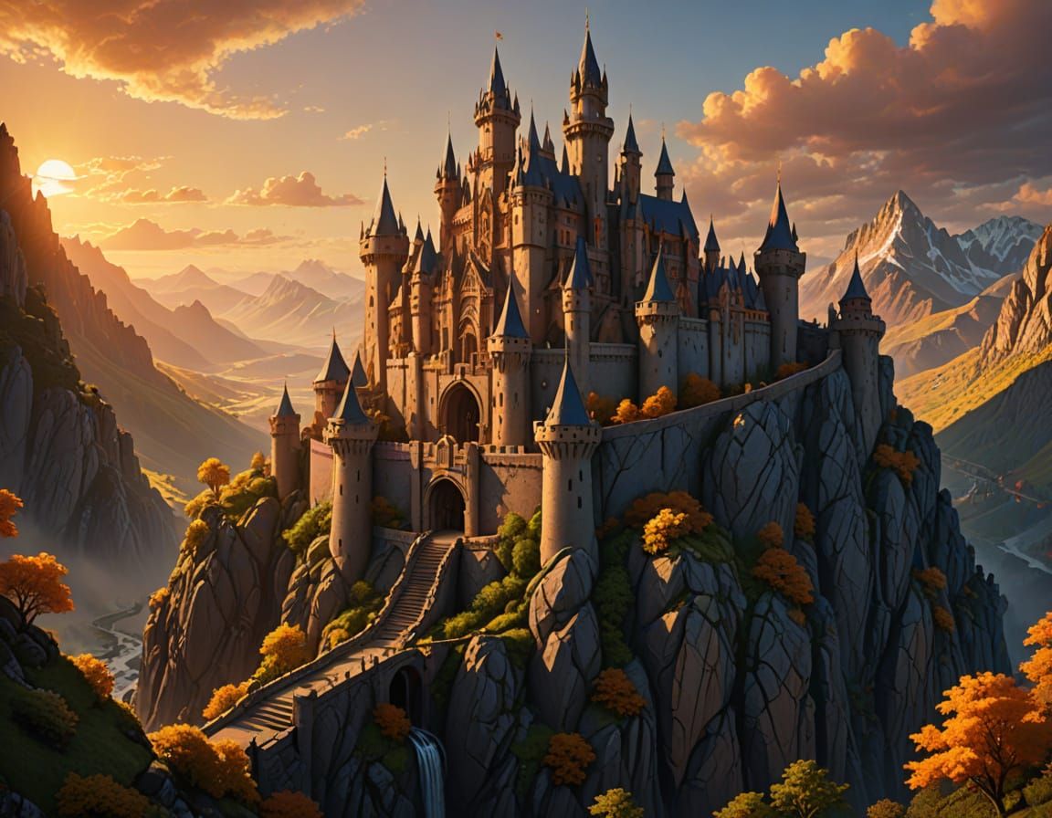 Fantasy Castle Carved into Mountain at Sunset