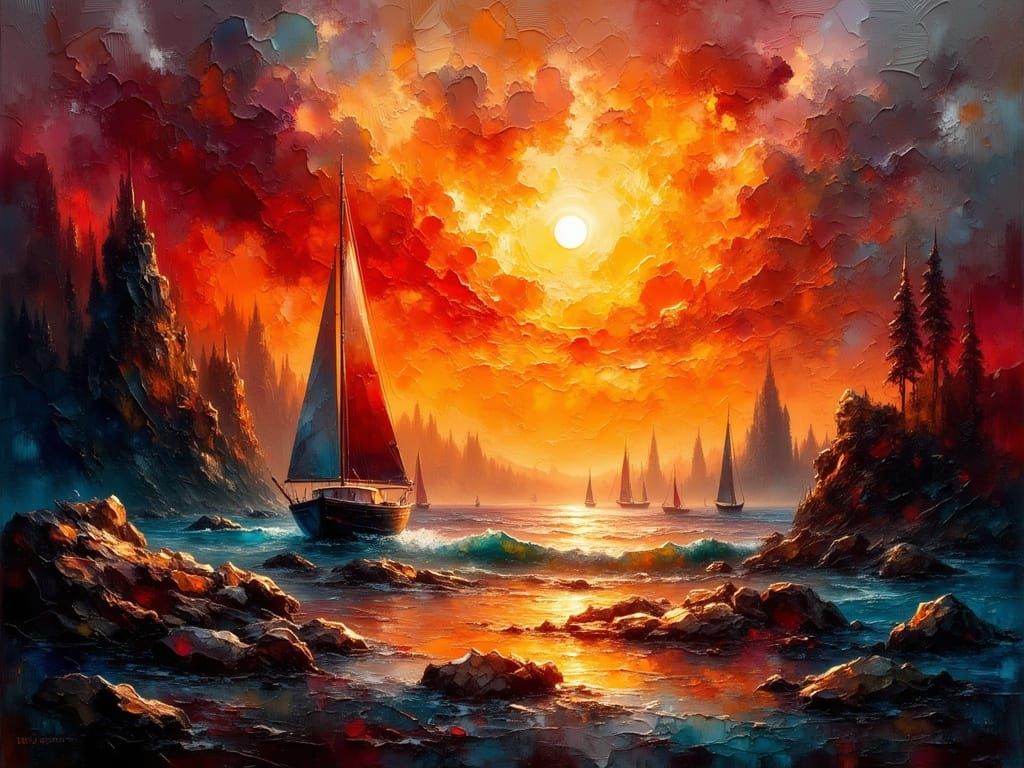 Epic Seascape Painting of Fiery Sunset Over Rocky Coast