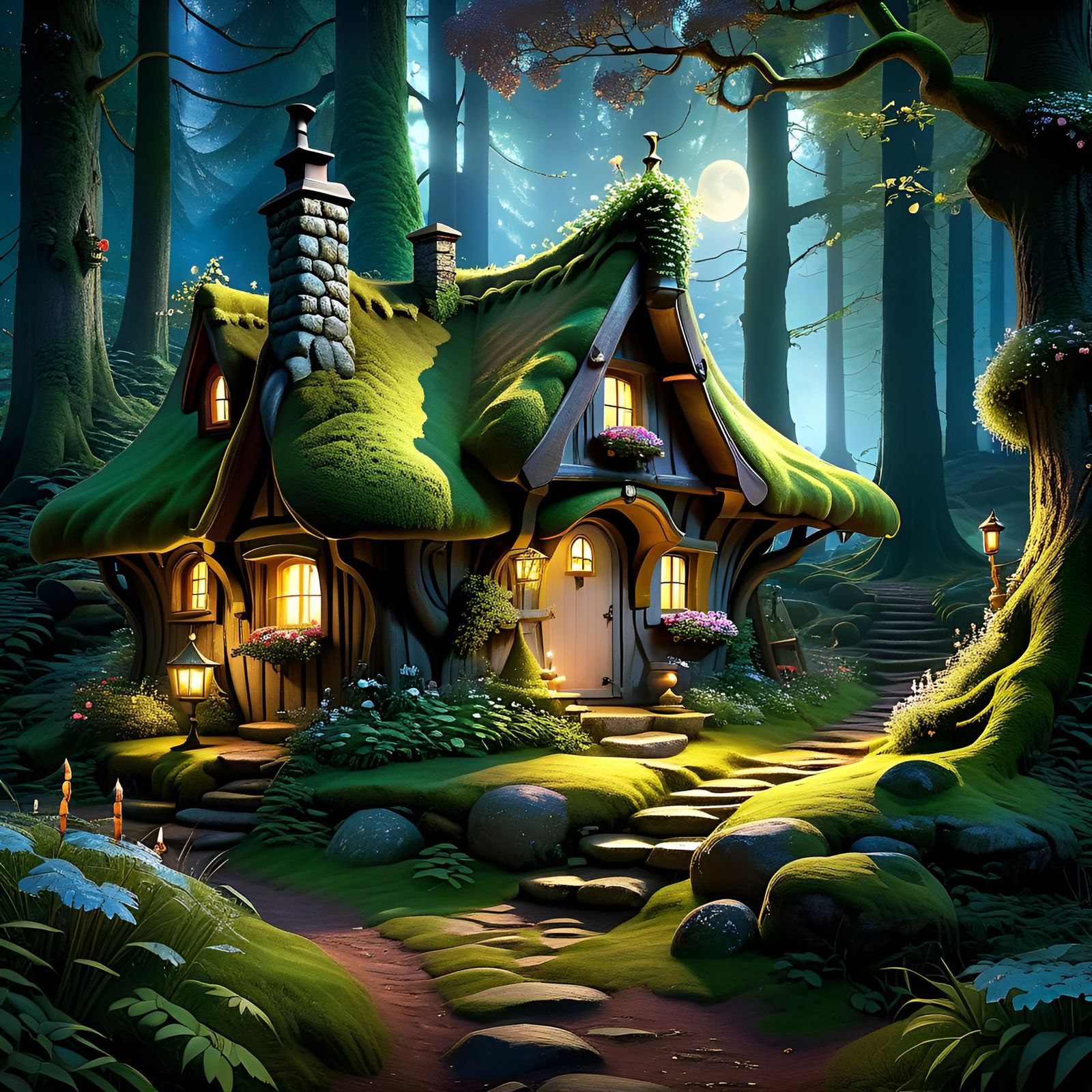 Cozy Fairy Cottage in Enchanted Forest, Digital Art
