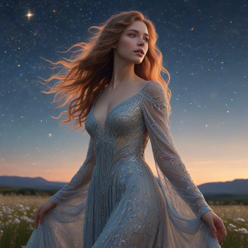 Celestial Woman in Starry Field, Art Nouveau Style