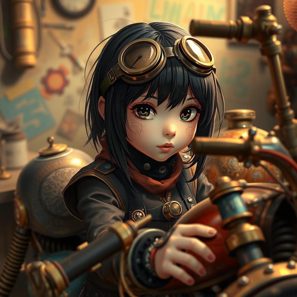 Steampunk Anime Girl Repairs Motorcycle, Syd Mead Style