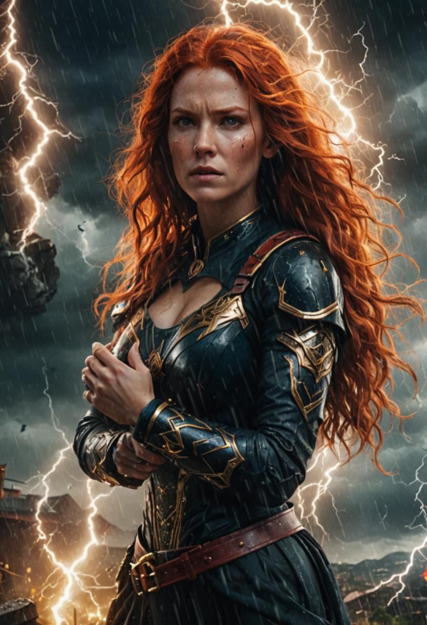 Red-Haired Woman in a Fantastical Lightning Storm