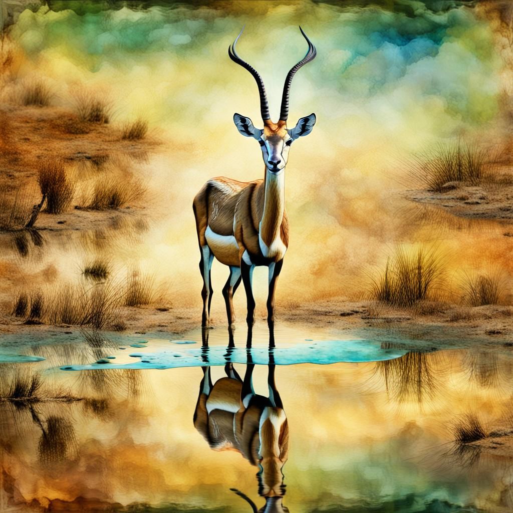 Gazelle in Savanna Pool: Alcohol Ink Painting