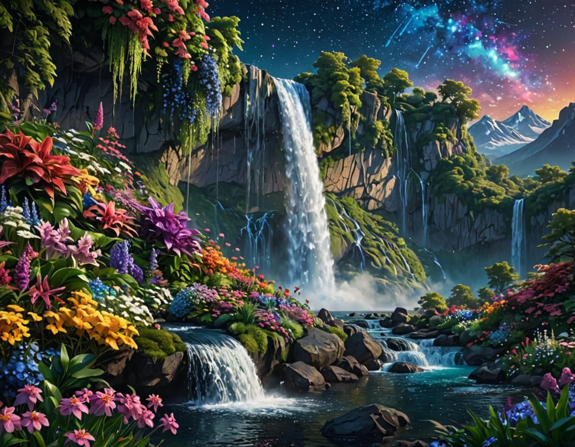 Vibrant Fantasy Landscape with Waterfall and Starry Sky