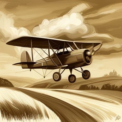 Vintage Flying Machine Over Farmland in Sepia Tones