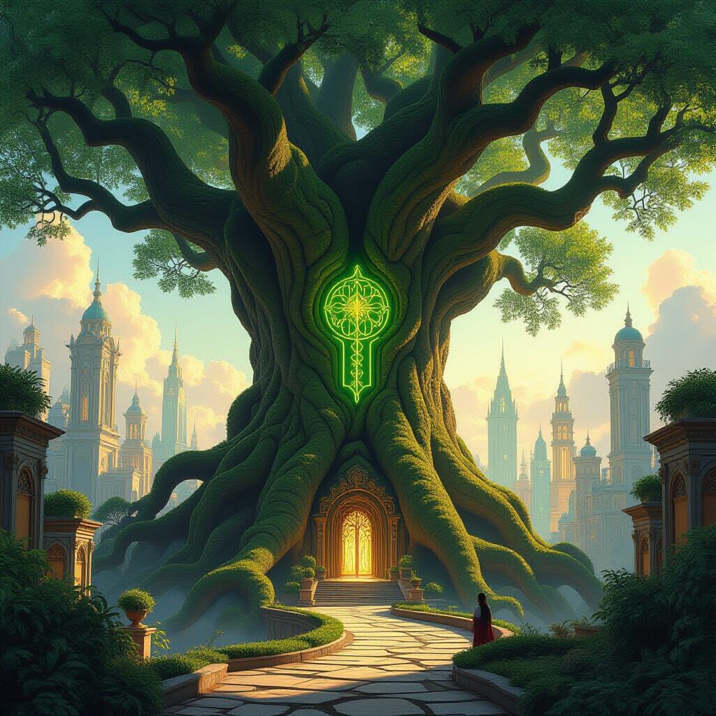 Ancient City Carved Into Giant Tree, Art Deco Style