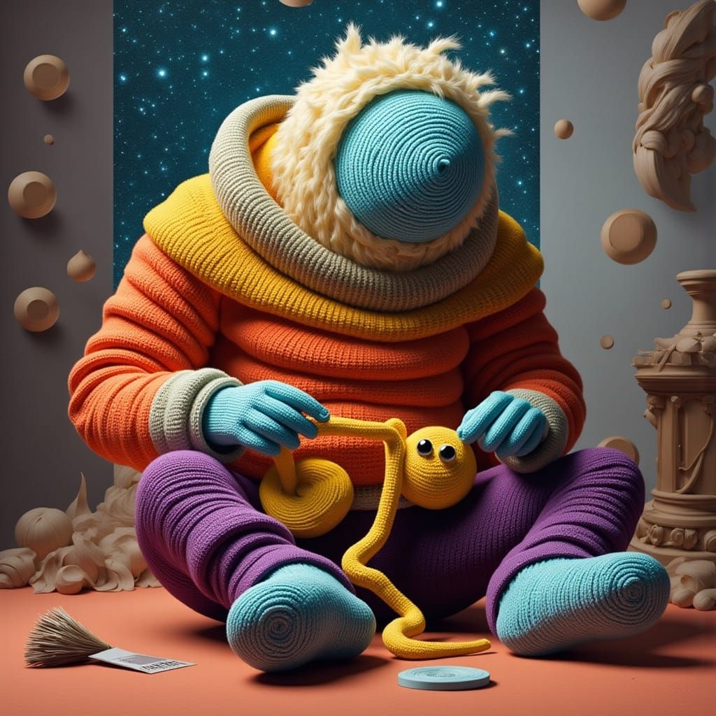 Yarn monster knitting a sweater, pop surrealism <lora:Fusion...