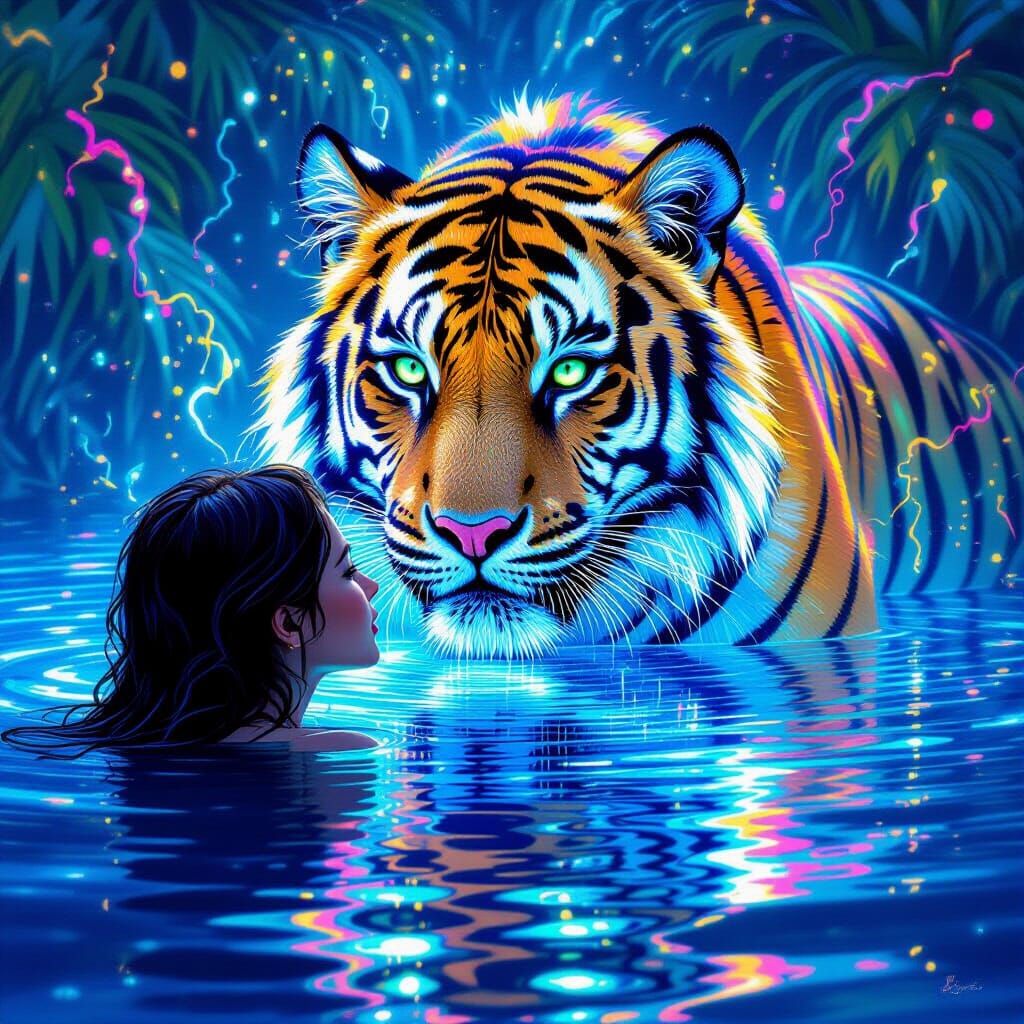 Mystical Tiger Reflection in Bioluminescent Water