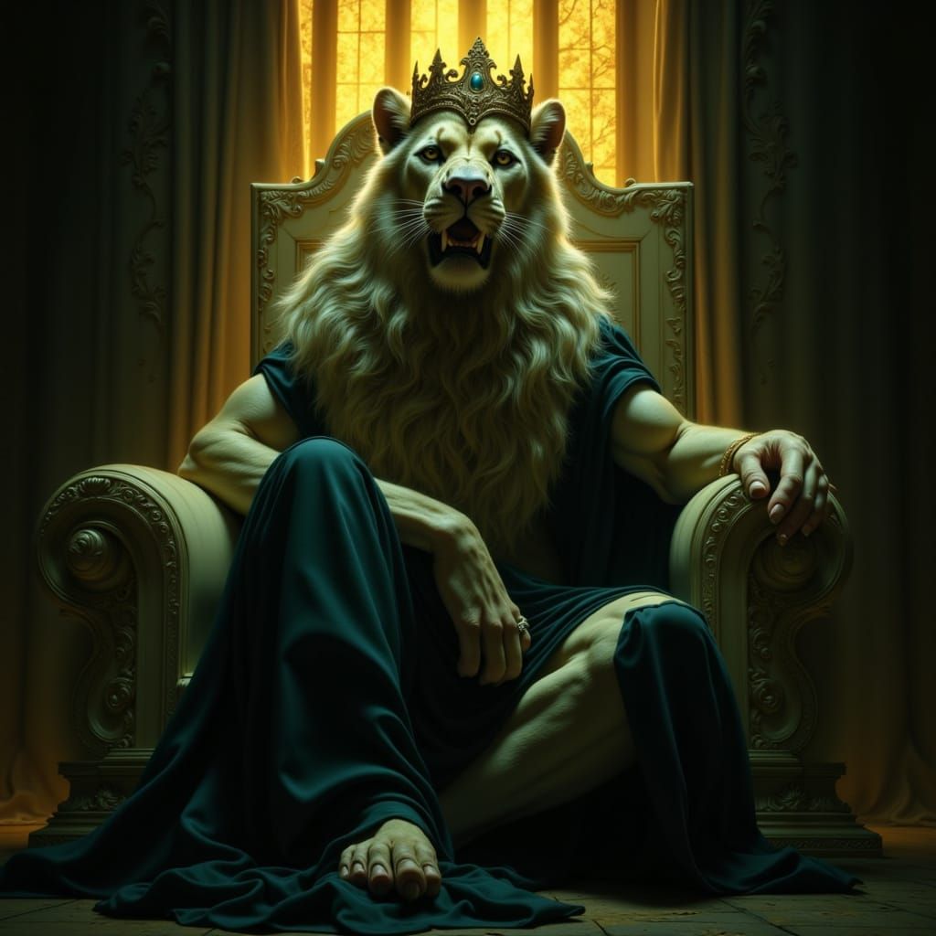 Regal Lion King on Throne in Ancient Hall