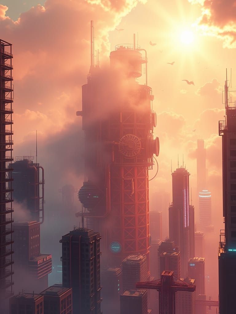 Cyberpunk Metropolis with Steampunk Engine in Ethereal Light