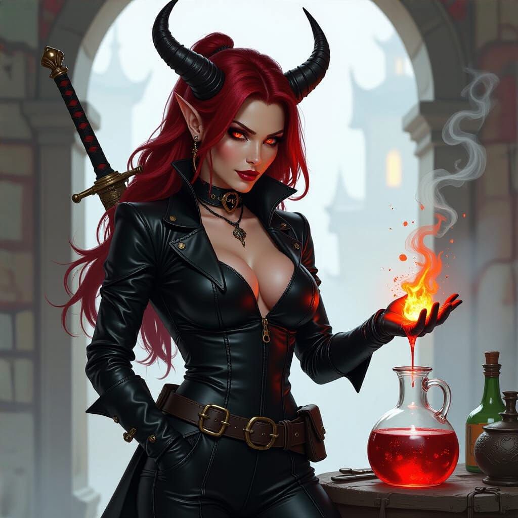 Tiefling Alchemist Mixing Explosive Concoctions