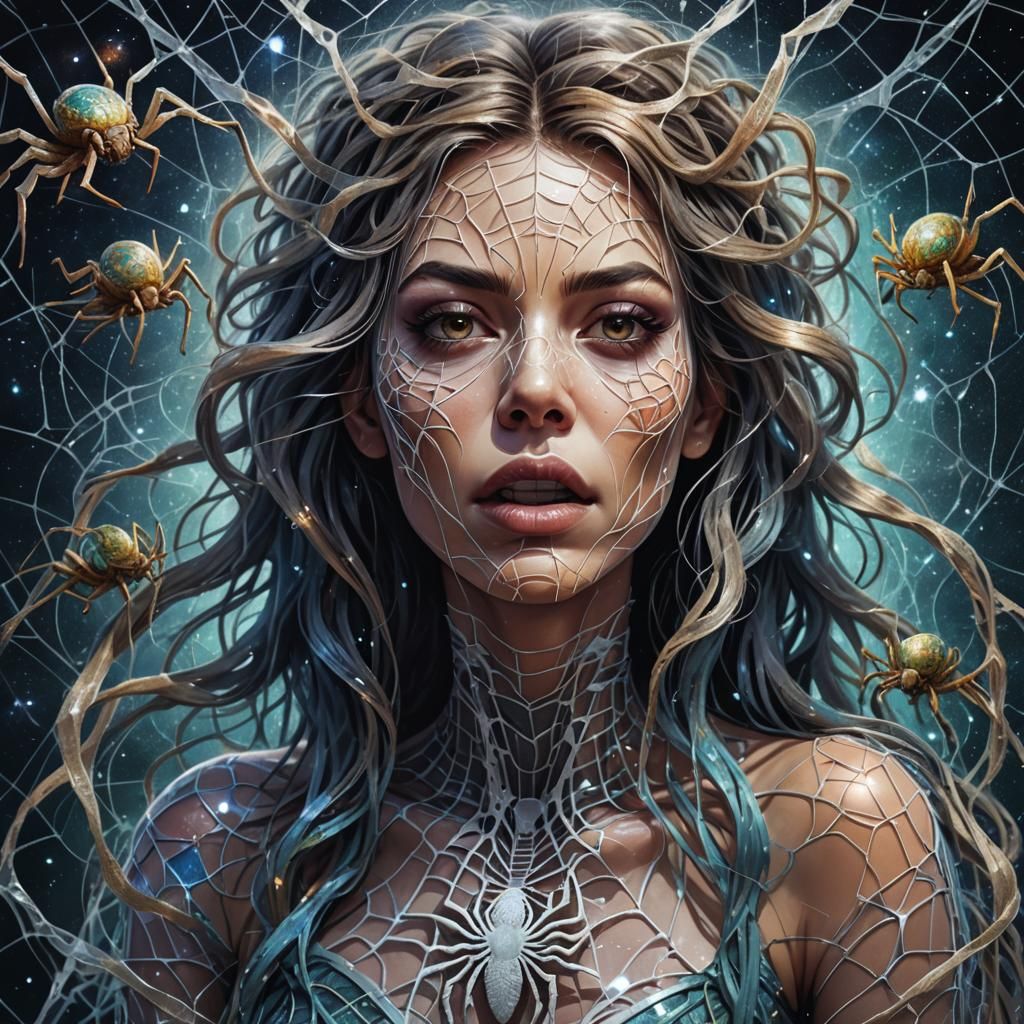 Woman with Spiders and Web Hair, Cosmic Illustration