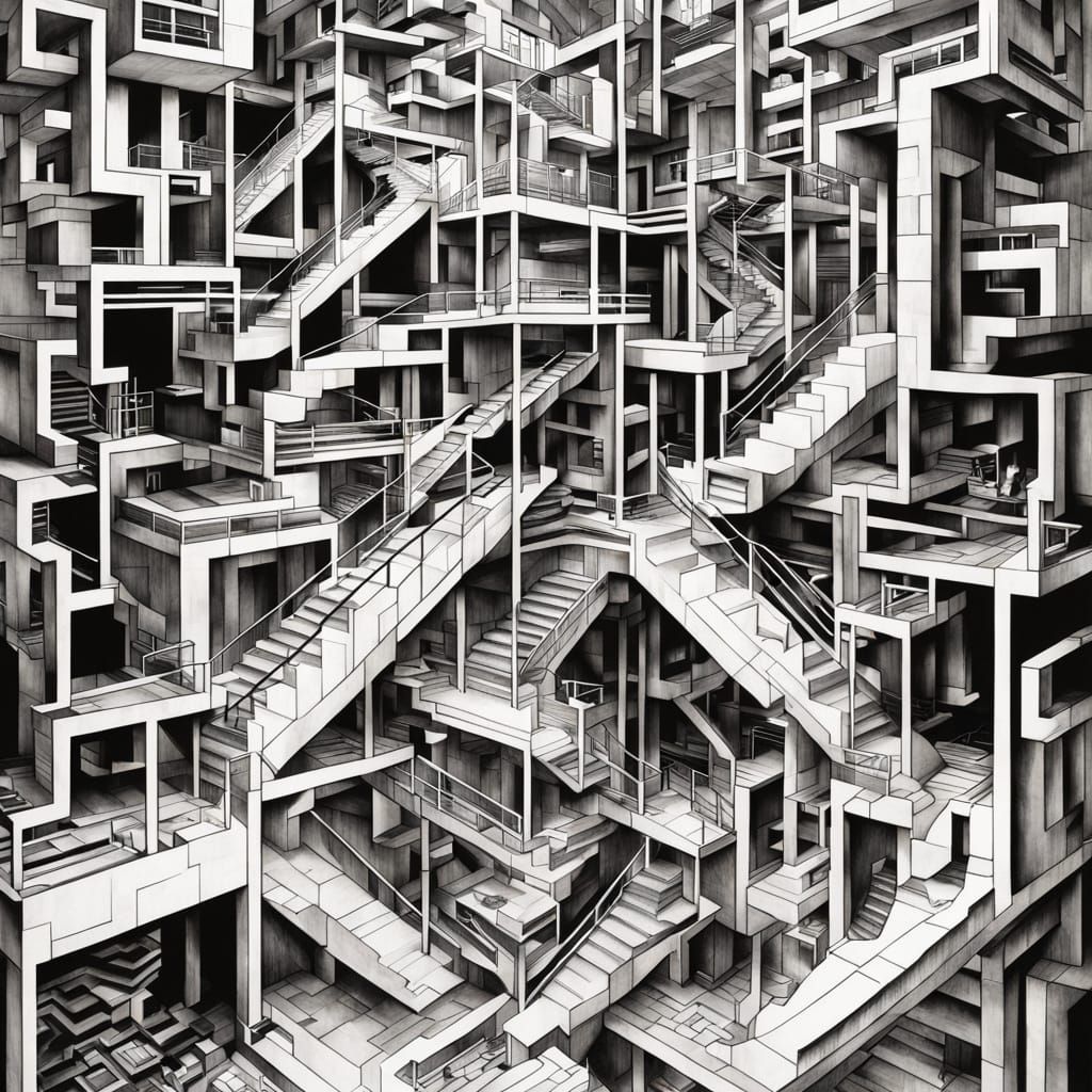 Surrealist Architectural Maze in Intricate Line Work