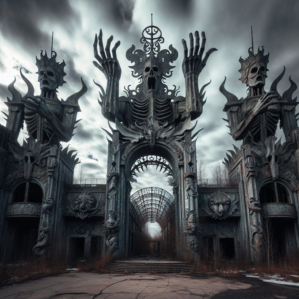 Macabre Amusement Park Entrance in Gloomy Weather
