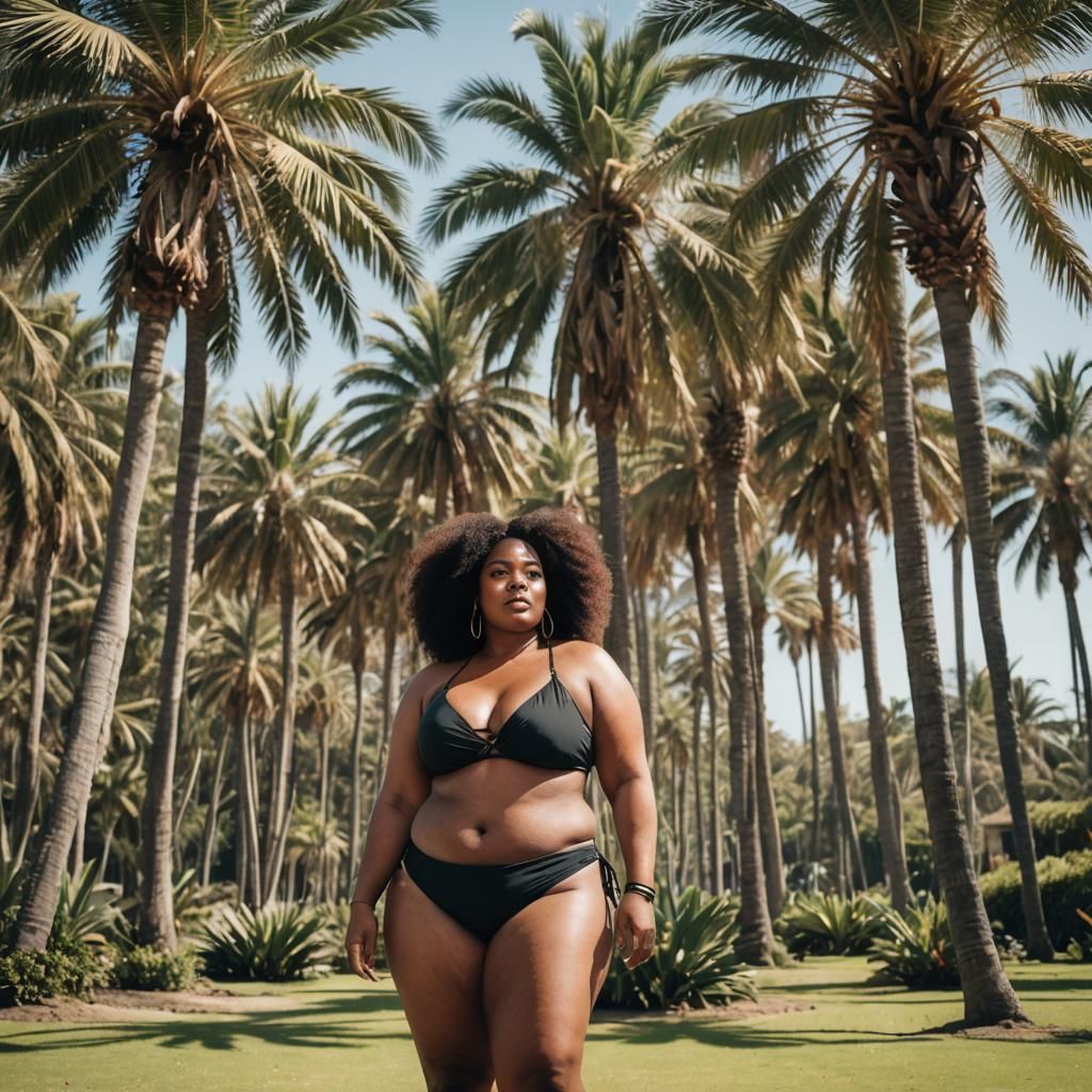Plus Size Woman in Bikini Amongst Palm Trees