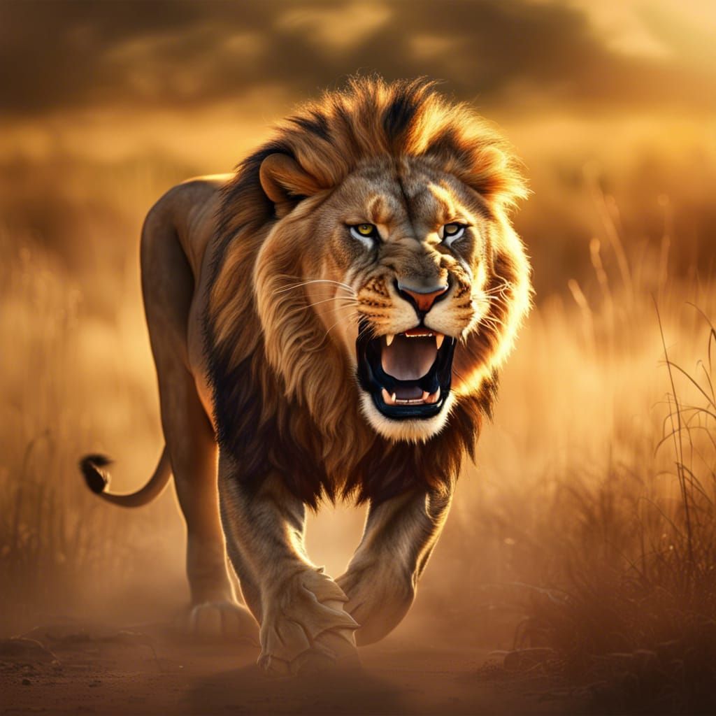 Roaring Lion: Hyperrealistic Serengeti Sunset