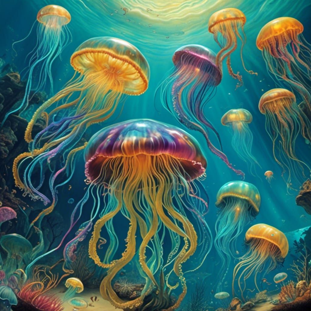 Bioluminescent Jellyfish in Deep Ocean Environment