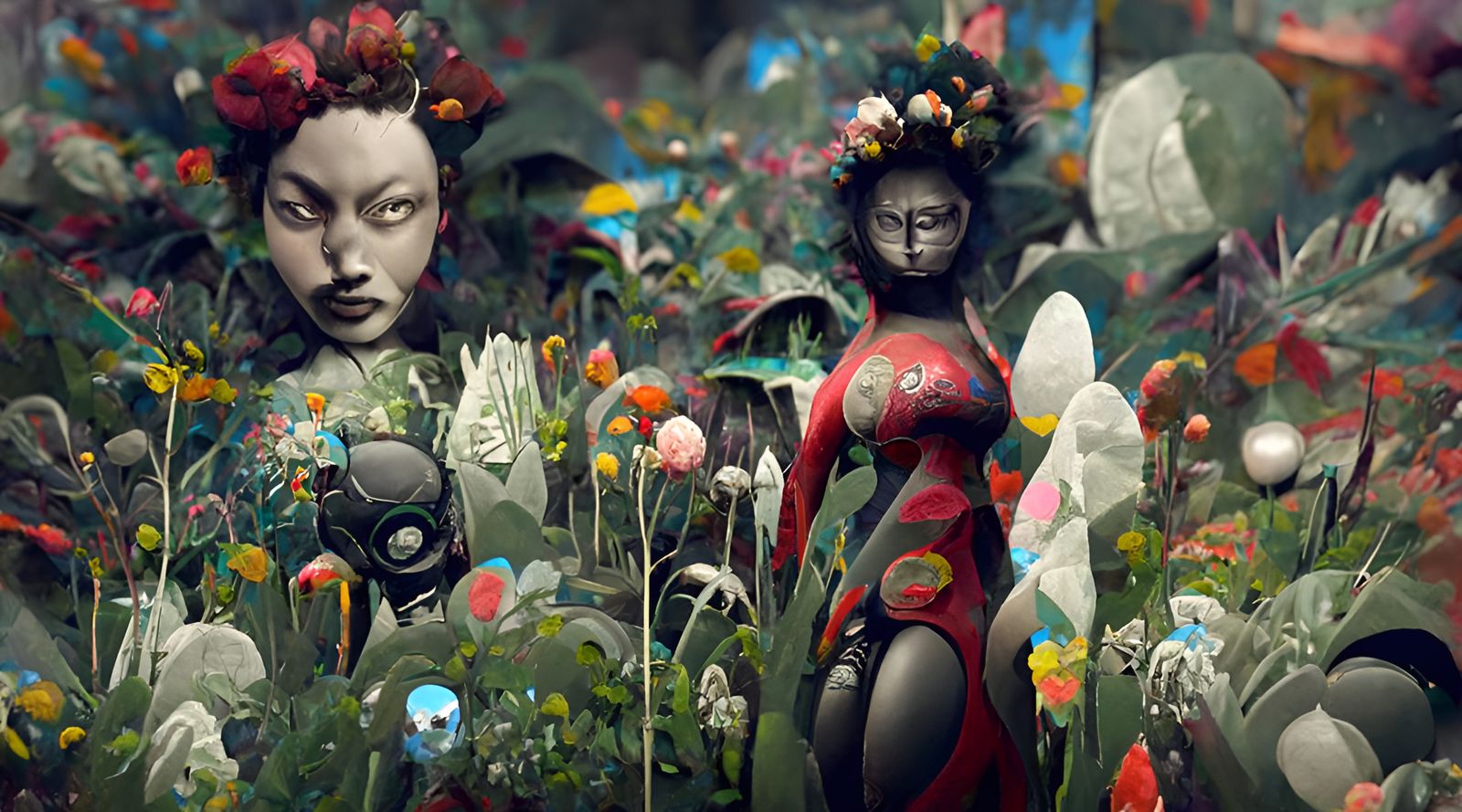 Amazonian Warrior Women in Kaleidoscopic Jungle