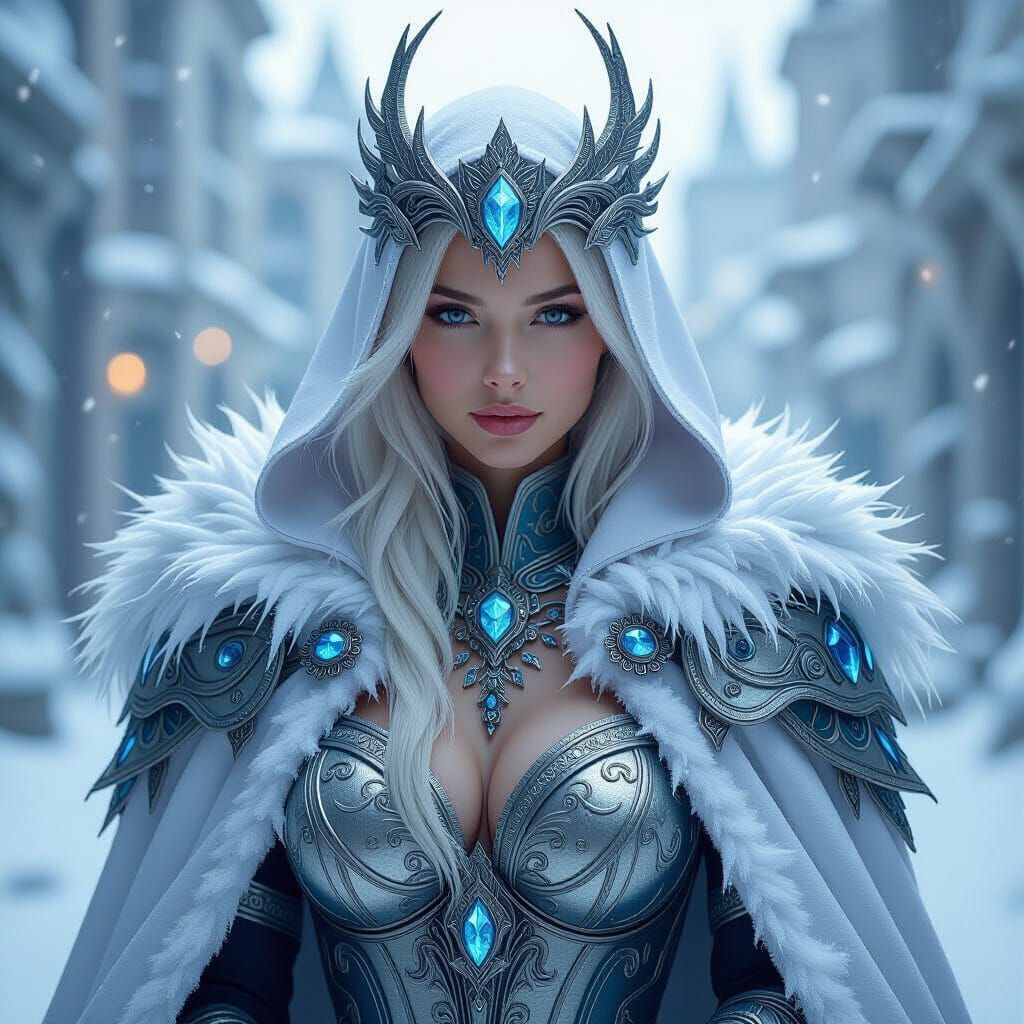 Winter Personified as Regal Figure in Icy Armor