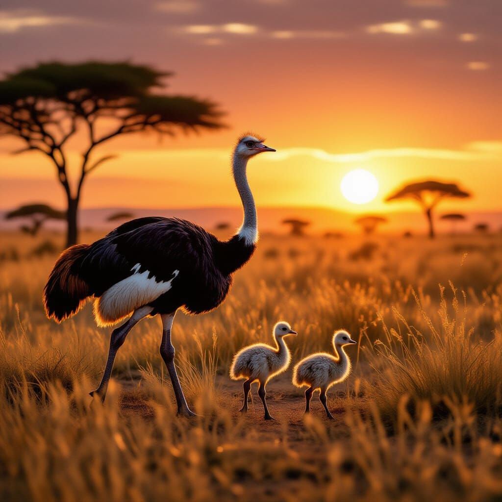 Ostrich Family on African Savannah at Golden Hour