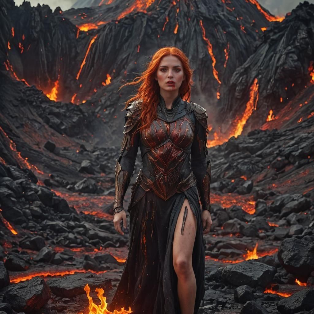 Fiery Sorceress in Volcanic Landscape