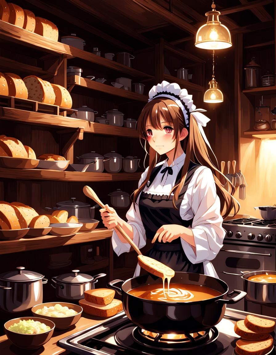 Anime Maid Cooking Dinner at Night