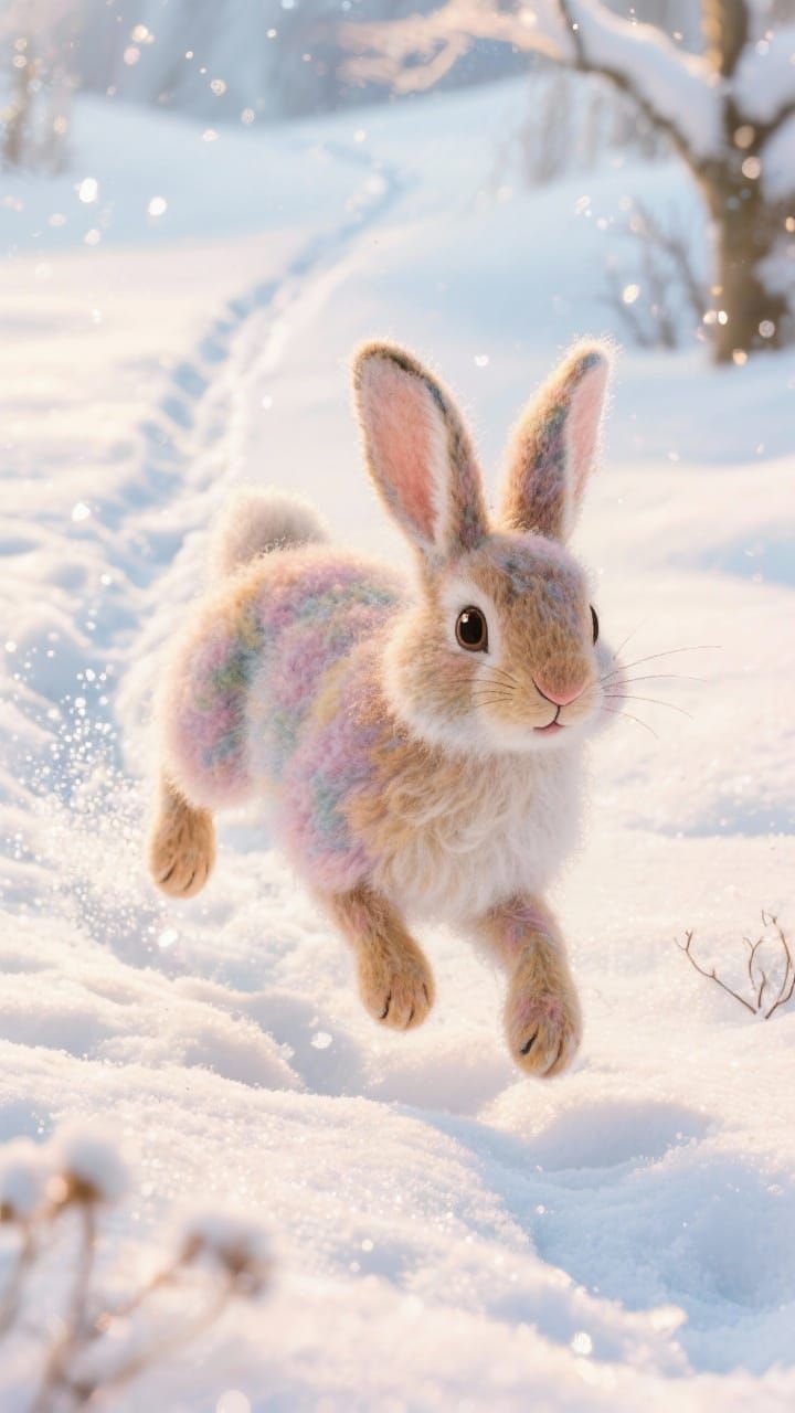 Cute Fluffy Hares Bounding Through Snowy Landscape
