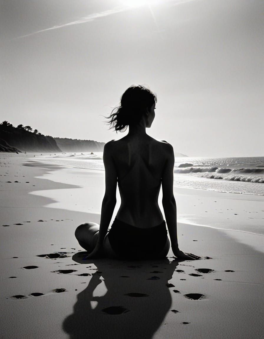 Surreal Beach Silhouette in High Contrast Black and White