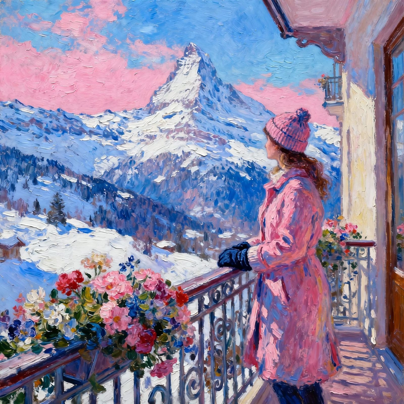 Impasto Oil Painting of Swiss Alps from Balcony