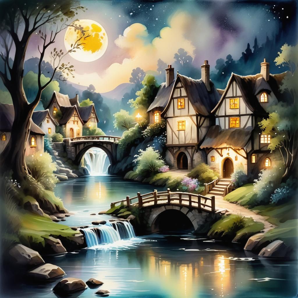 Fantasy Landscape Under Moon as Watercolour Painting