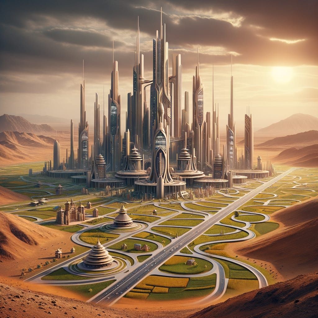Futuristic Buddhist Cityscape on Mars with Lush Fields and S...