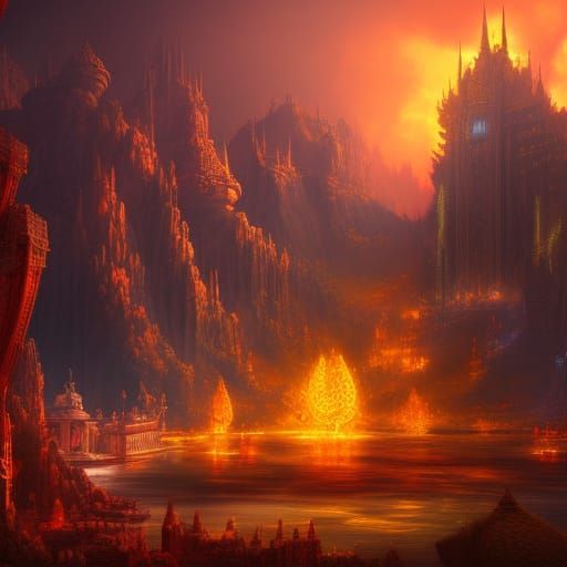 Flaming Palace in Detailed Matte Painting Style