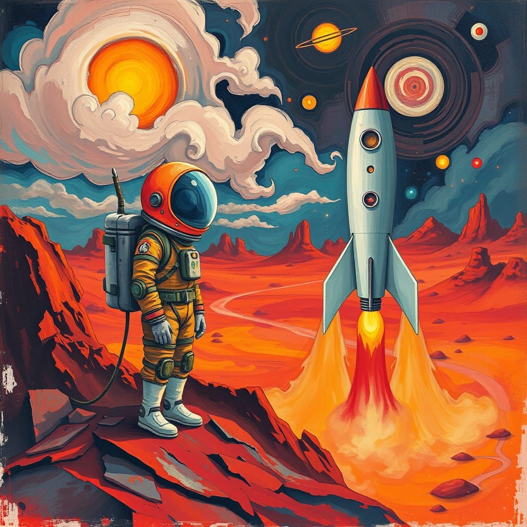 Astronaut Lands on Mars in Chagall Style