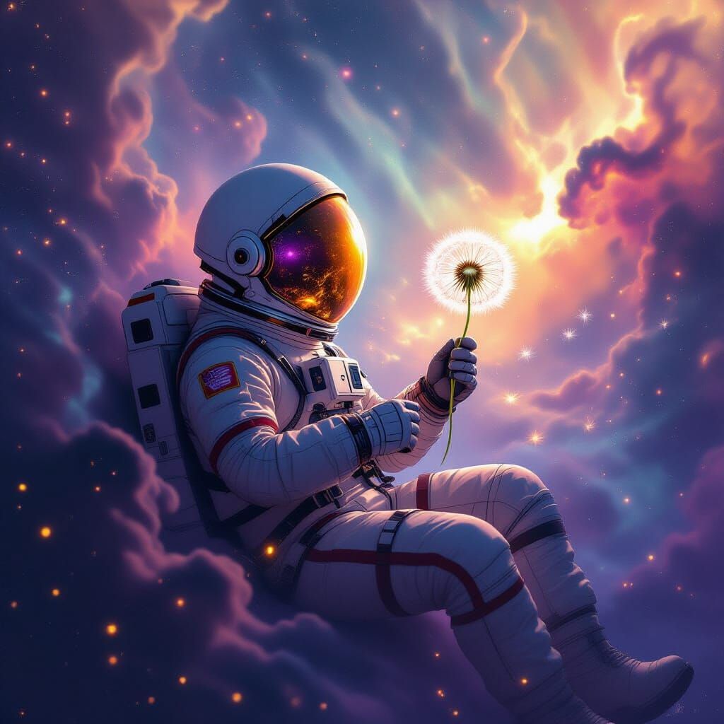 Astronaut Drifting in Cosmic Nebula with Luminous Seed