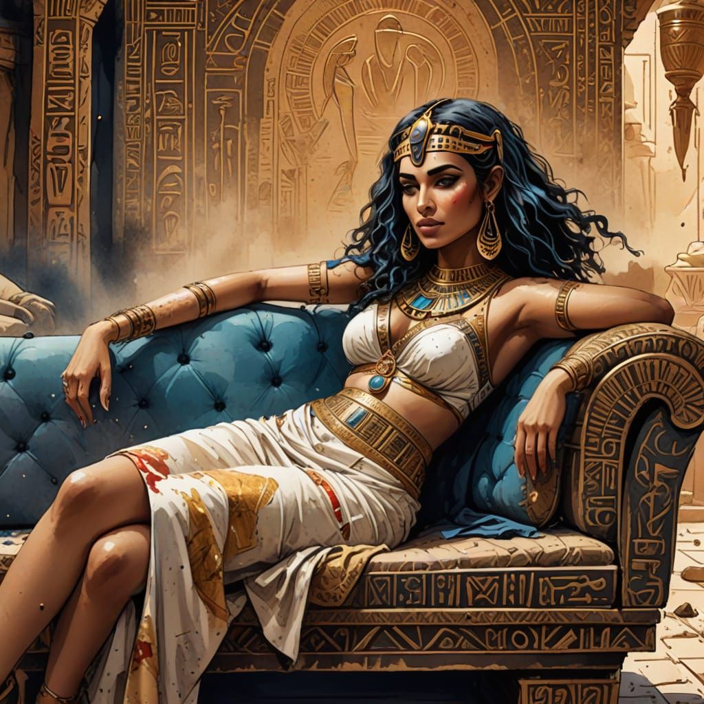 Egyptian Goddess Reclining on Ancient Couch in Intricate Ink...
