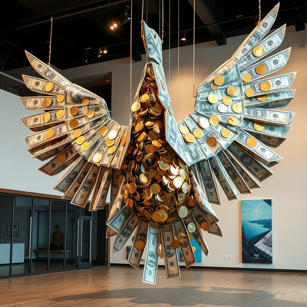 Monumental Origami Bird Sculpture: Money and Gold