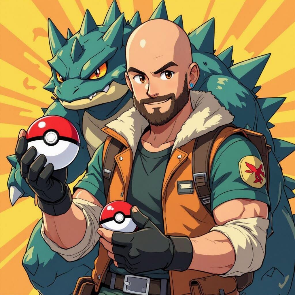 Bald Man with Tyranitar in Vibrant Digital Art