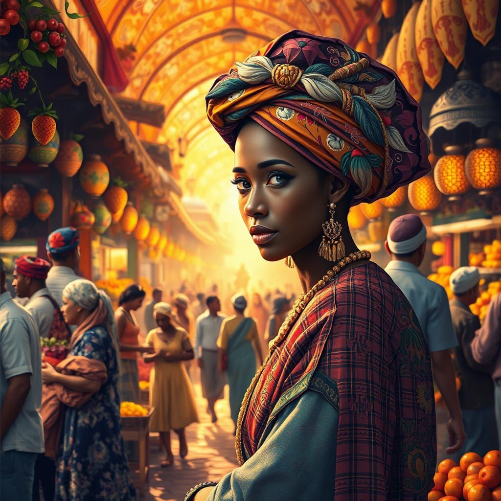 Vibrant Market Scene in Pointillism Style