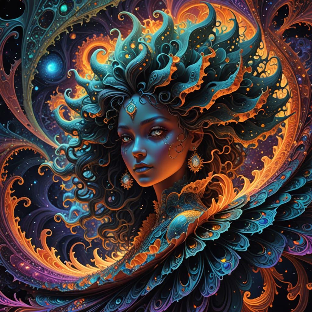 Ethereal Demoness Dances Amidst Cosmic Chaos