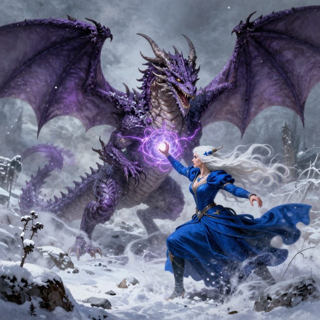 Purple Dragon Battles Sorceress in Snowy Landscape