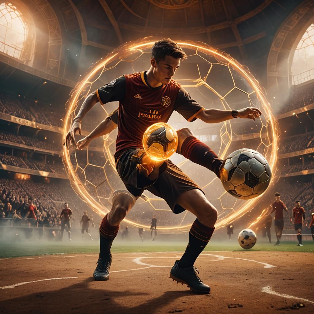 Soccer Player Kicks Glowing Ball in Ancient Arena