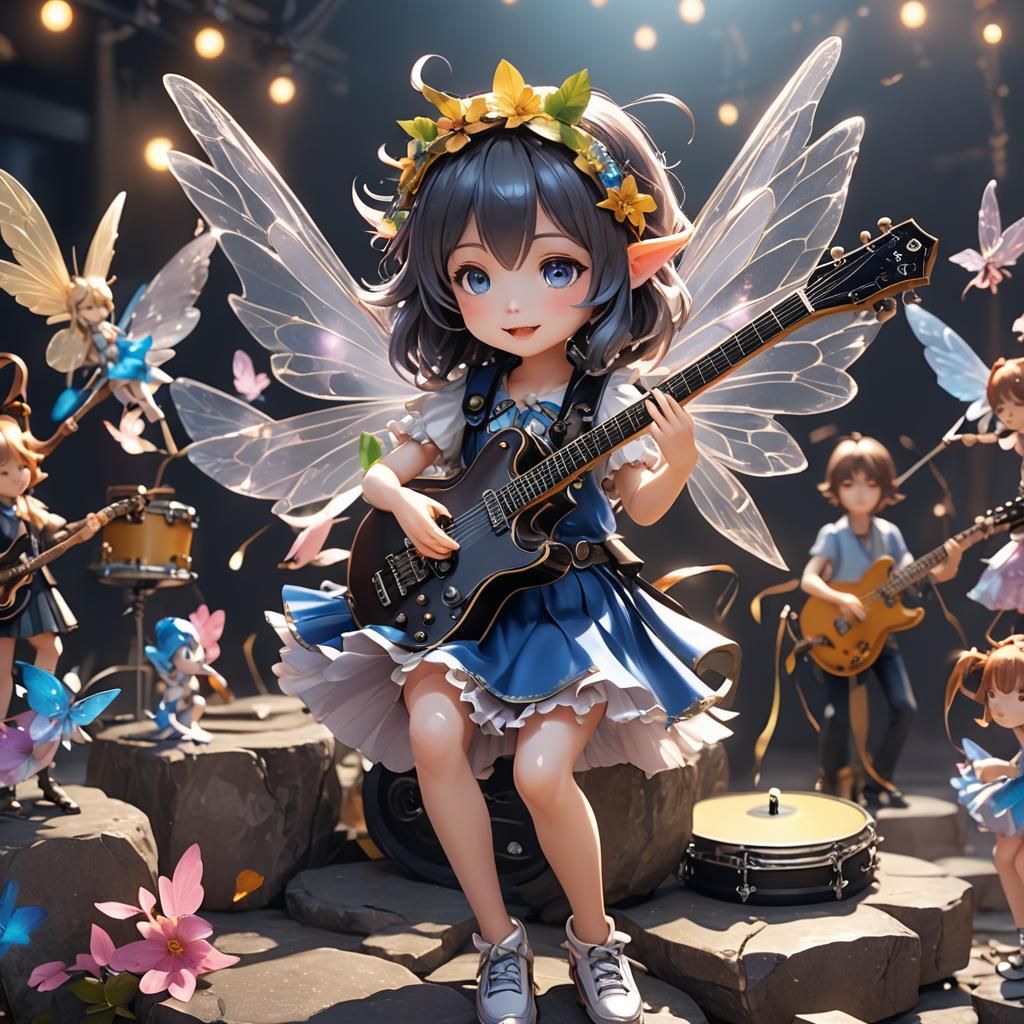 Cute Fairy Plays Rock and Roll in Anime Style