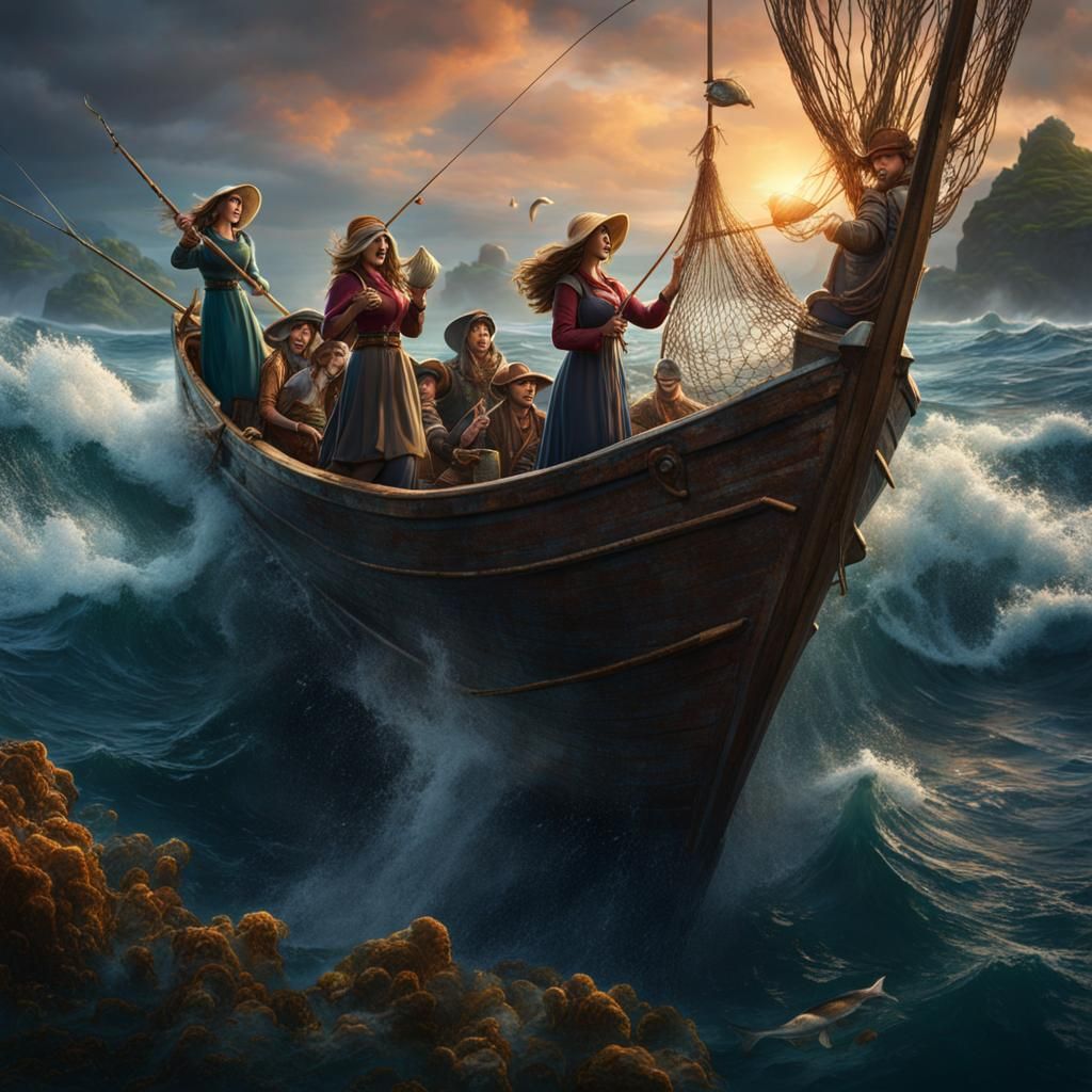 Cartoon-Style Fishing Boat Scene in Detailed Digital Art