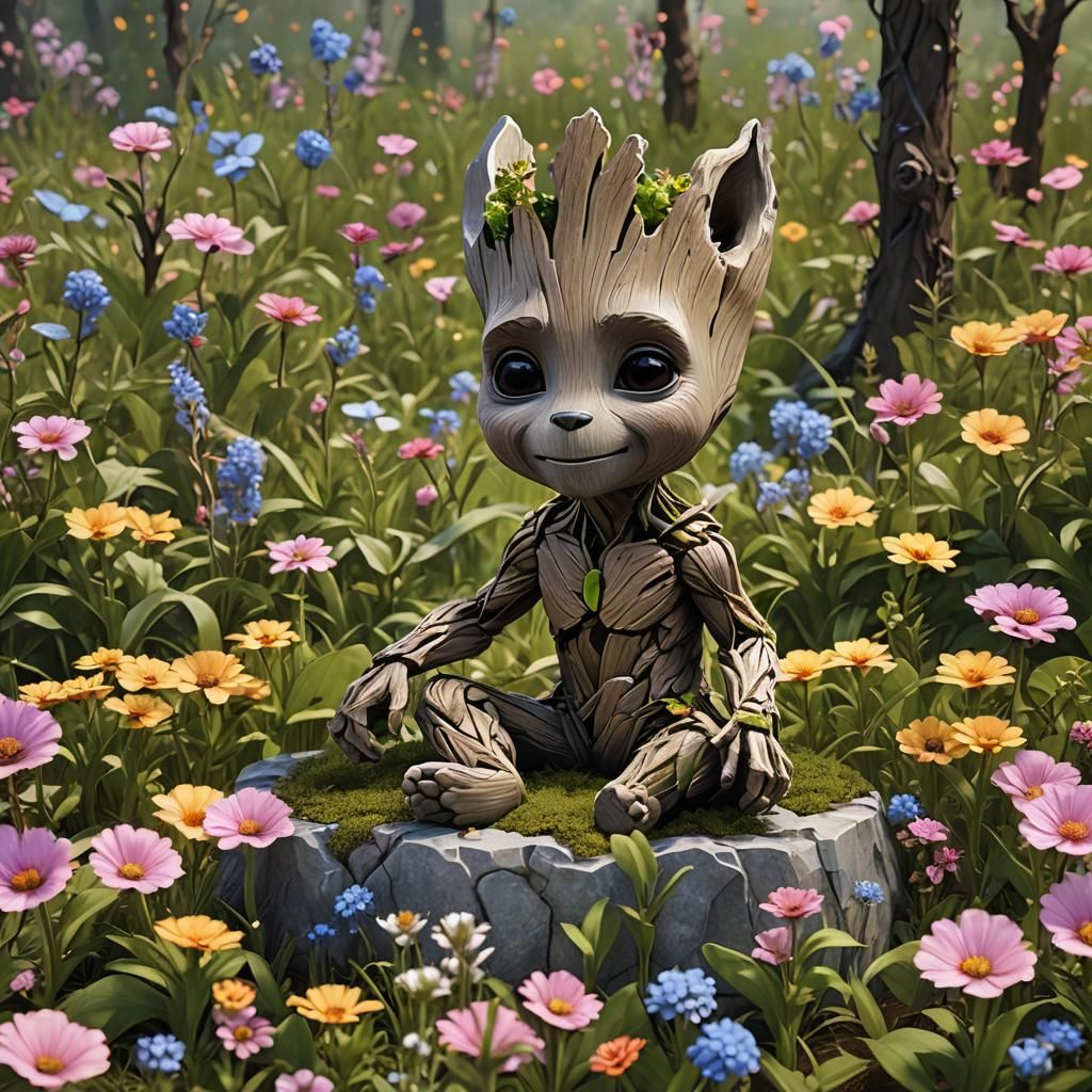 Cute Baby Groot Marble Statue in Flower Field