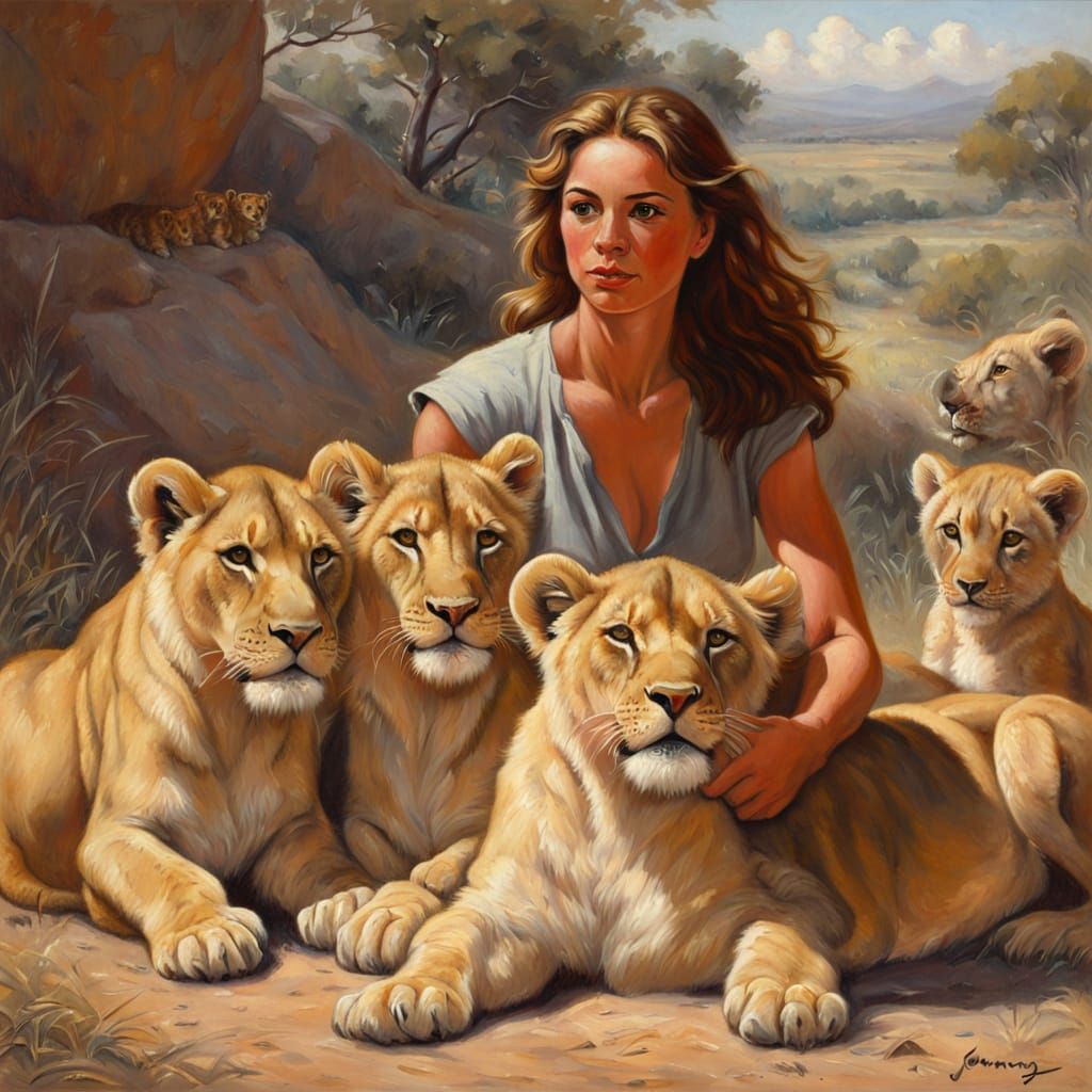 Sensual Female Lion Tamer Surrounded by Playful Lion Cubs in...