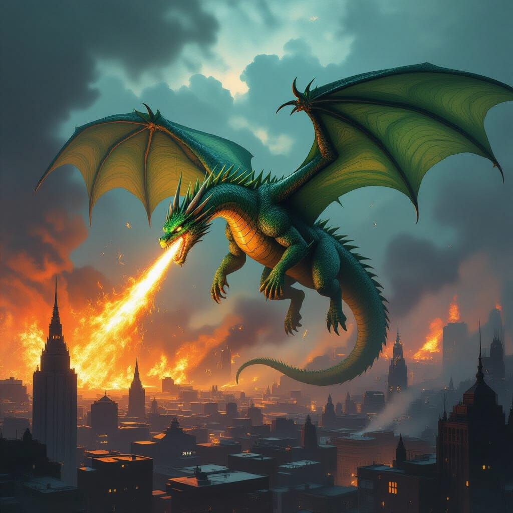 Green Dragon's Fiery Reign Over Cyberpunk Cityscape