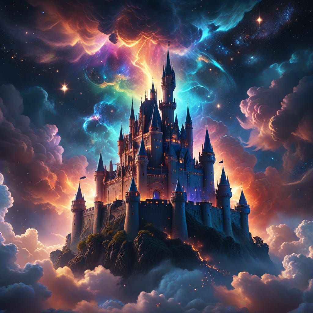Floating Castle in Nebula - Breathtaking Fantasy Art