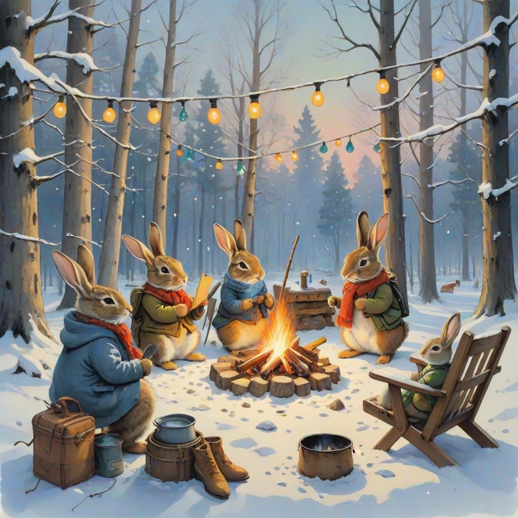 Cozy Woodland Campsite at Dusk with Rabbits