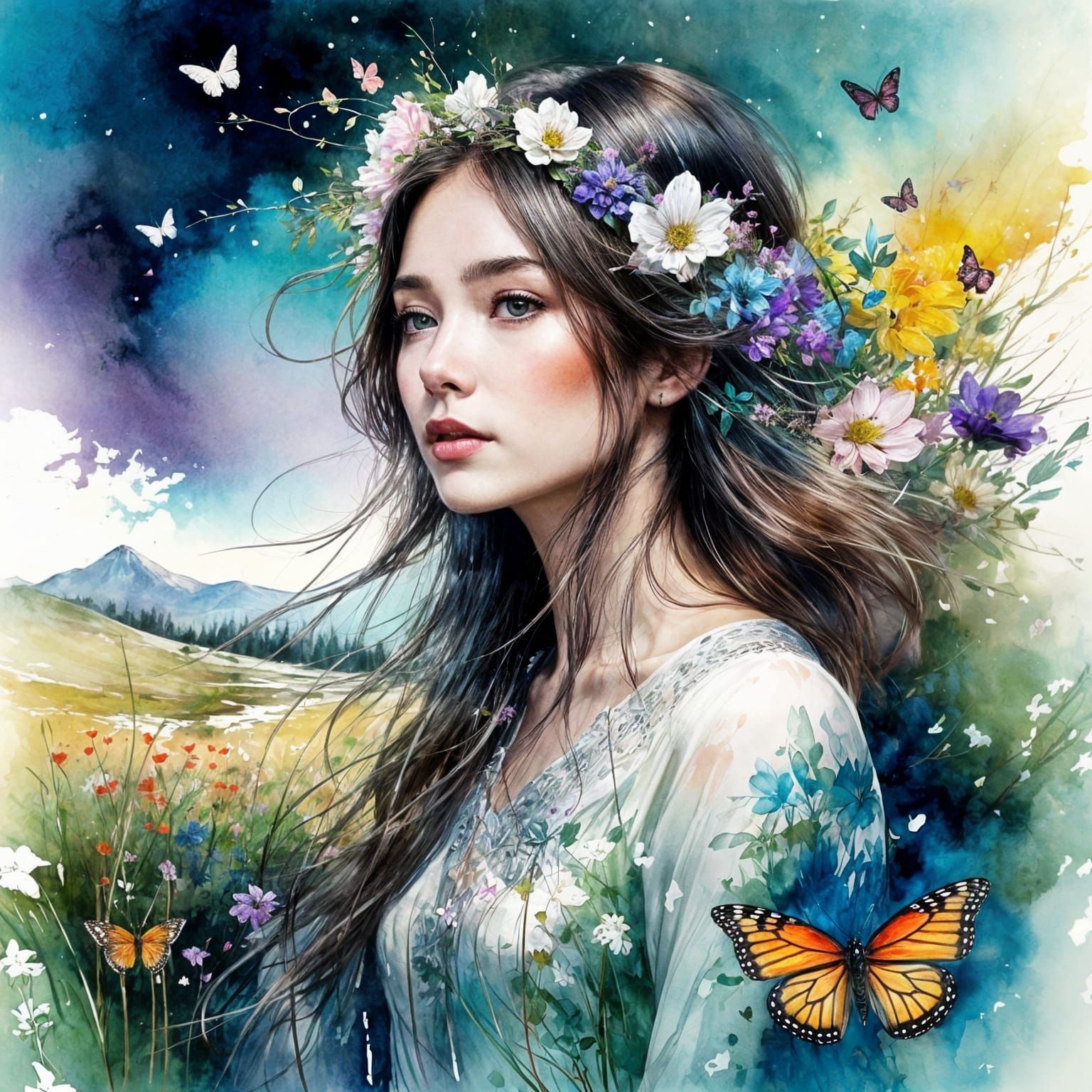 Beautiful Flower Girl in Watercolor Fantasy Landscape